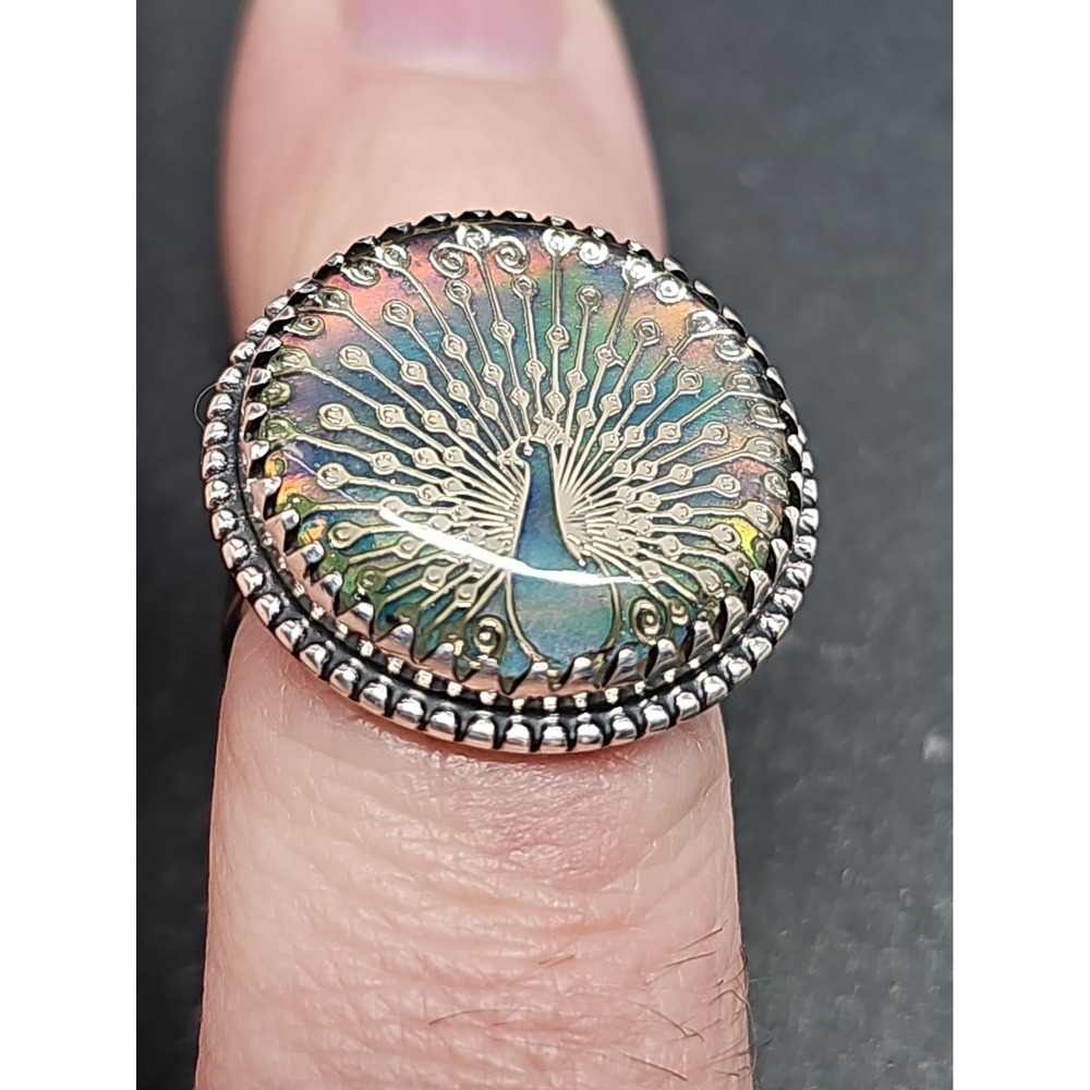 Beautiful Aurora Opal Cabochon Peacock Statement Ring Sterling Silver Size 8